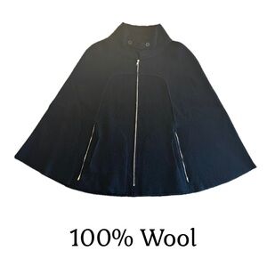 Michael Simon Zip Up Wool Cape with Zipped Pockets & Removable Neck Tab XL
